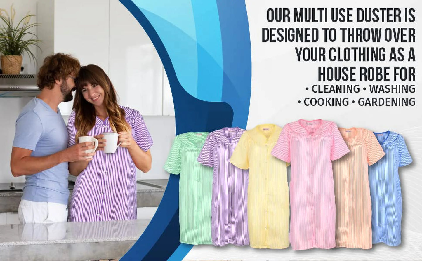 JEFFRICO House Dresses for Women with Pockets - Lightweight Breathable Short Sleeve Muumuu & Nightgowns - Snap Front Housecoat and Dusters for Women