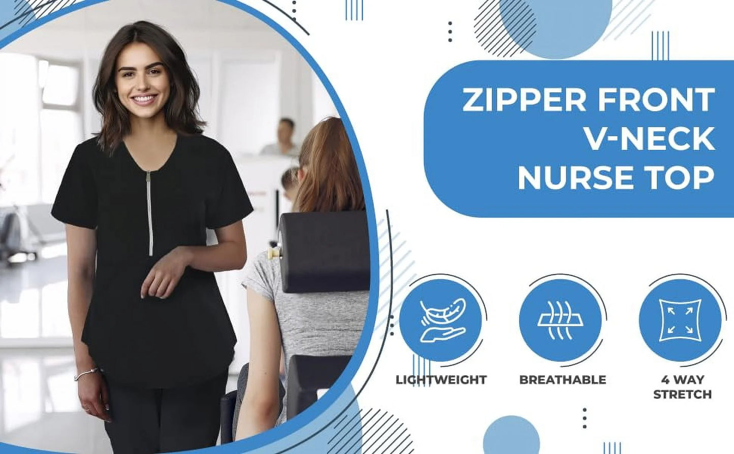 JEFFRICO Scrubs For Women Short Sleeve Zipper Front V-Neck Top 2 Pockets