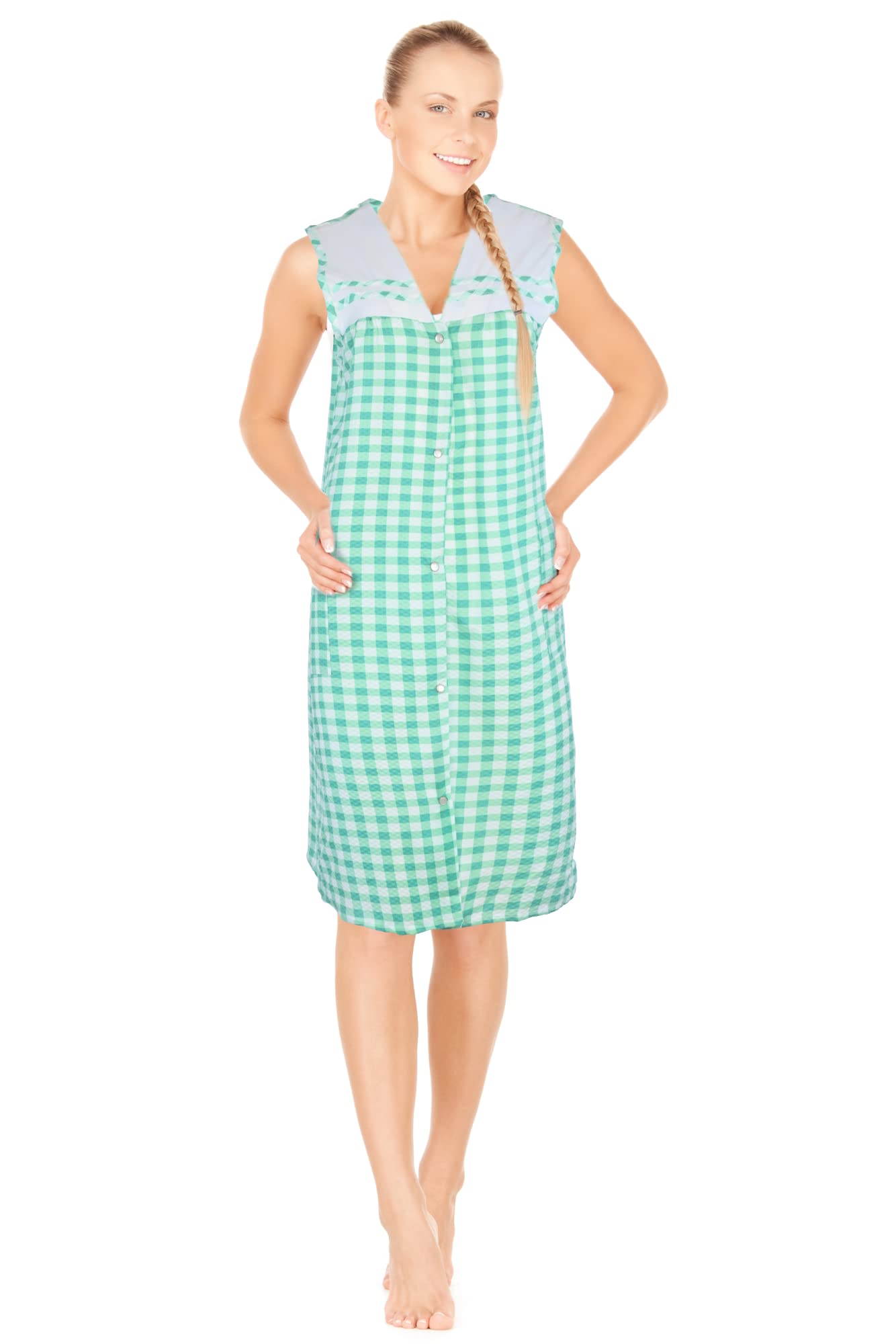 JEFFRICO House Dresses for Women with Pockets - Lightweight Breathable Sleeveless Muumuu & Nightgowns - Snap Front Housecoat and Dusters for Women