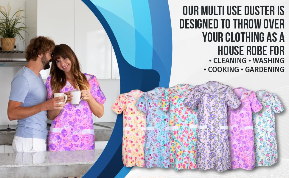 JEFFRICO House Dresses for Women with Pockets - Lightweight Breathable Short Sleeve Muumuu & Nightgowns - Snap Front Housecoat and Dusters for Women