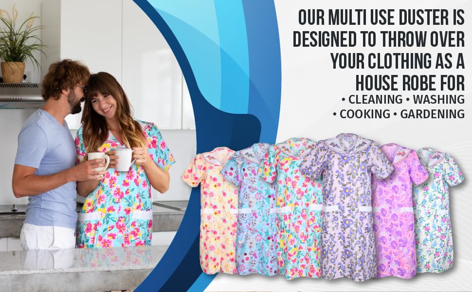 JEFFRICO House Dresses for Women with Pockets - Lightweight Breathable Short Sleeve Muumuu & Nightgowns - Snap Front Housecoat and Dusters for Women