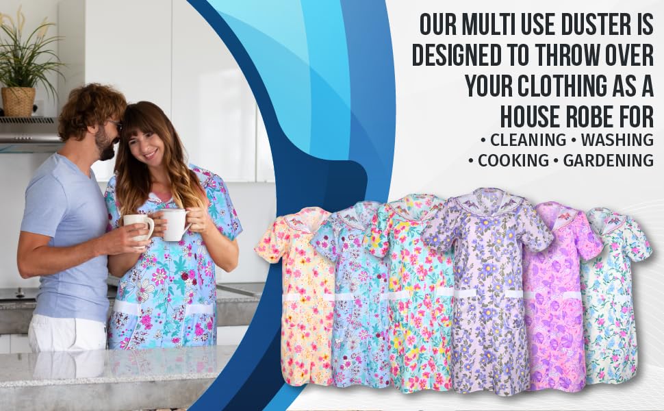 JEFFRICO House Dresses for Women with Pockets - Lightweight Breathable Short Sleeve Muumuu & Nightgowns - Snap Front Housecoat and Dusters for Women