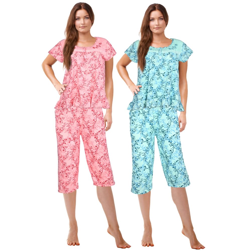 JEFFRICO Pajamas For Women 2 Pack Capri Set Sleepwear Soft Pajamas Short Sleeve Pajamas Sleepshirt With Capri Pants