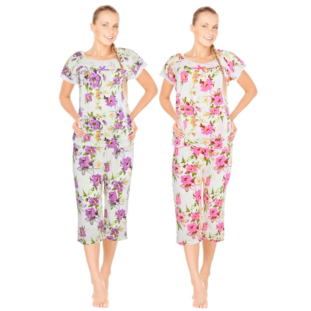 JEFFRICO Pajamas For Women 2 Pack Capri Set Sleepwear Soft Pajamas Short Sleeve Pajamas Sleepshirt With Capri Pants