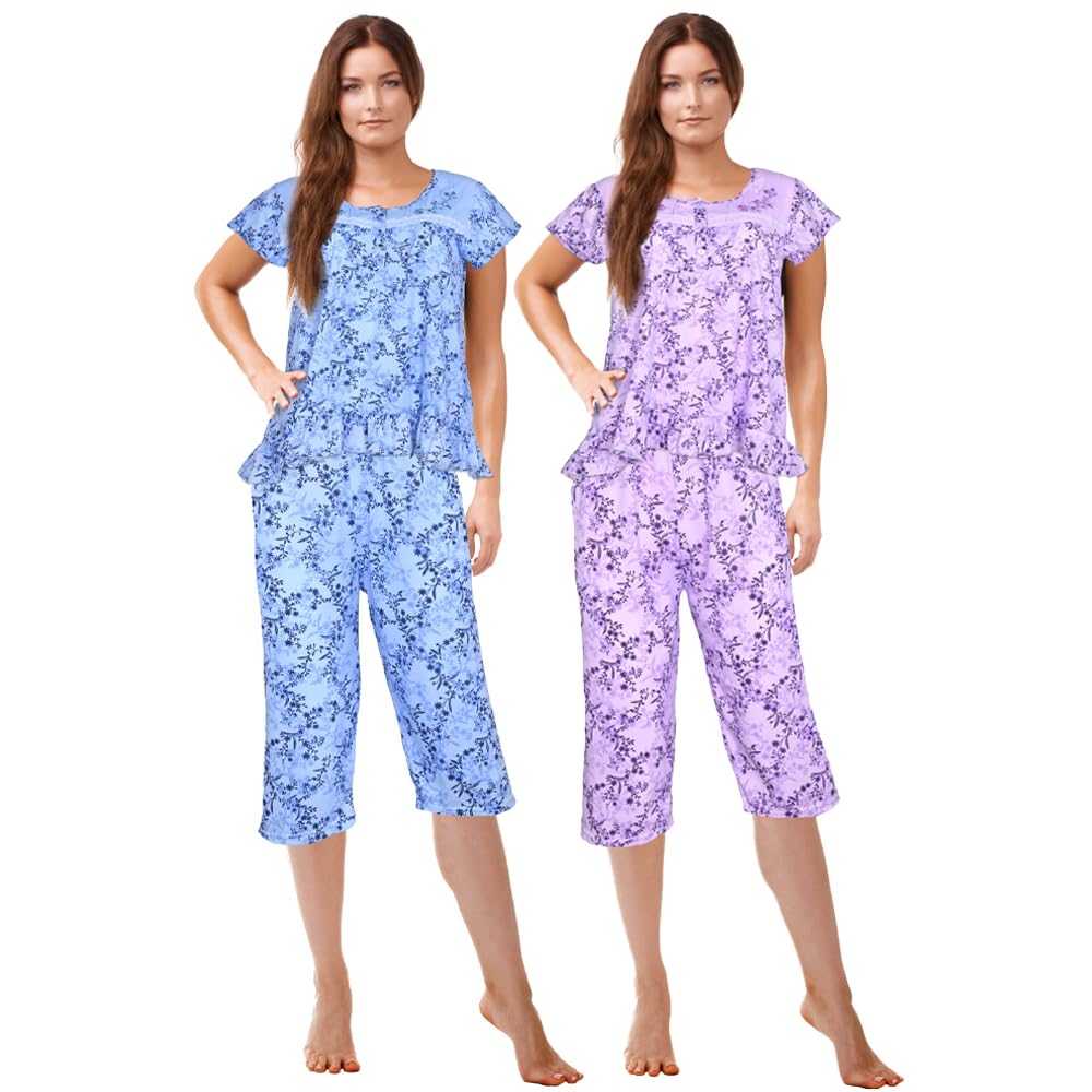 JEFFRICO Pajamas For Women 2 Pack Capri Set Sleepwear Soft Pajamas Short Sleeve Pajamas Sleepshirt With Capri Pants