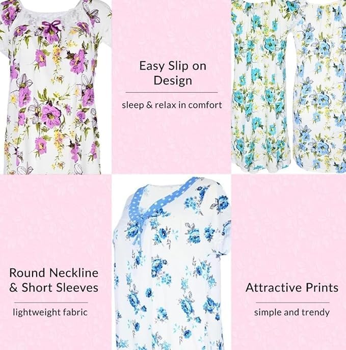 JEFFRICO 2 Pack Nightgowns for Women - Short Sleeve Soft Womens Nightgowns & Sleepshirts - Round Neck Pajamas Dress for Sleeping