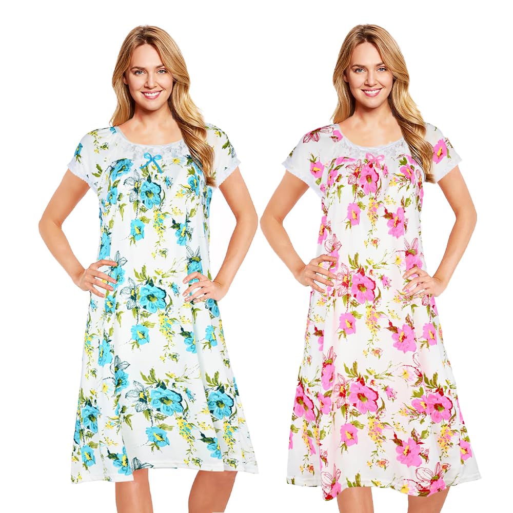 JEFFRICO Womens 2 Pack Nightgowns Short Sleeve Sleepwear Soft Pajama Dress Nightshirts