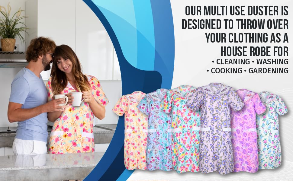 JEFFRICO House Dresses for Women with Pockets - Lightweight Breathable Short Sleeve Muumuu & Nightgowns - Snap Front Housecoat and Dusters for Women