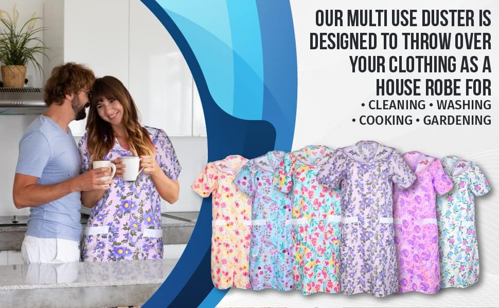 JEFFRICO House Dresses for Women with Pockets - Lightweight Breathable Short Sleeve Muumuu & Nightgowns - Snap Front Housecoat and Dusters for Women