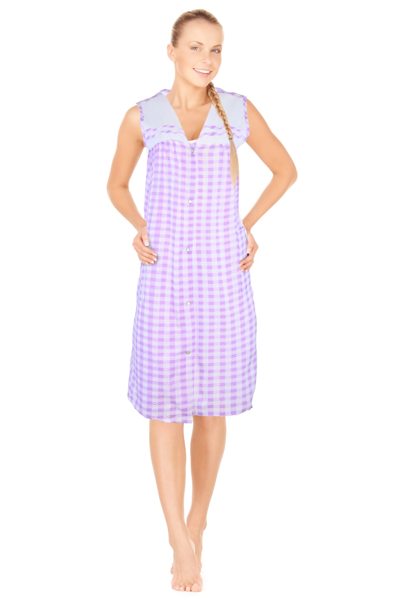 JEFFRICO House Dresses for Women with Pockets - Lightweight Breathable Sleeveless Muumuu & Nightgowns - Snap Front Housecoat and Dusters for Women