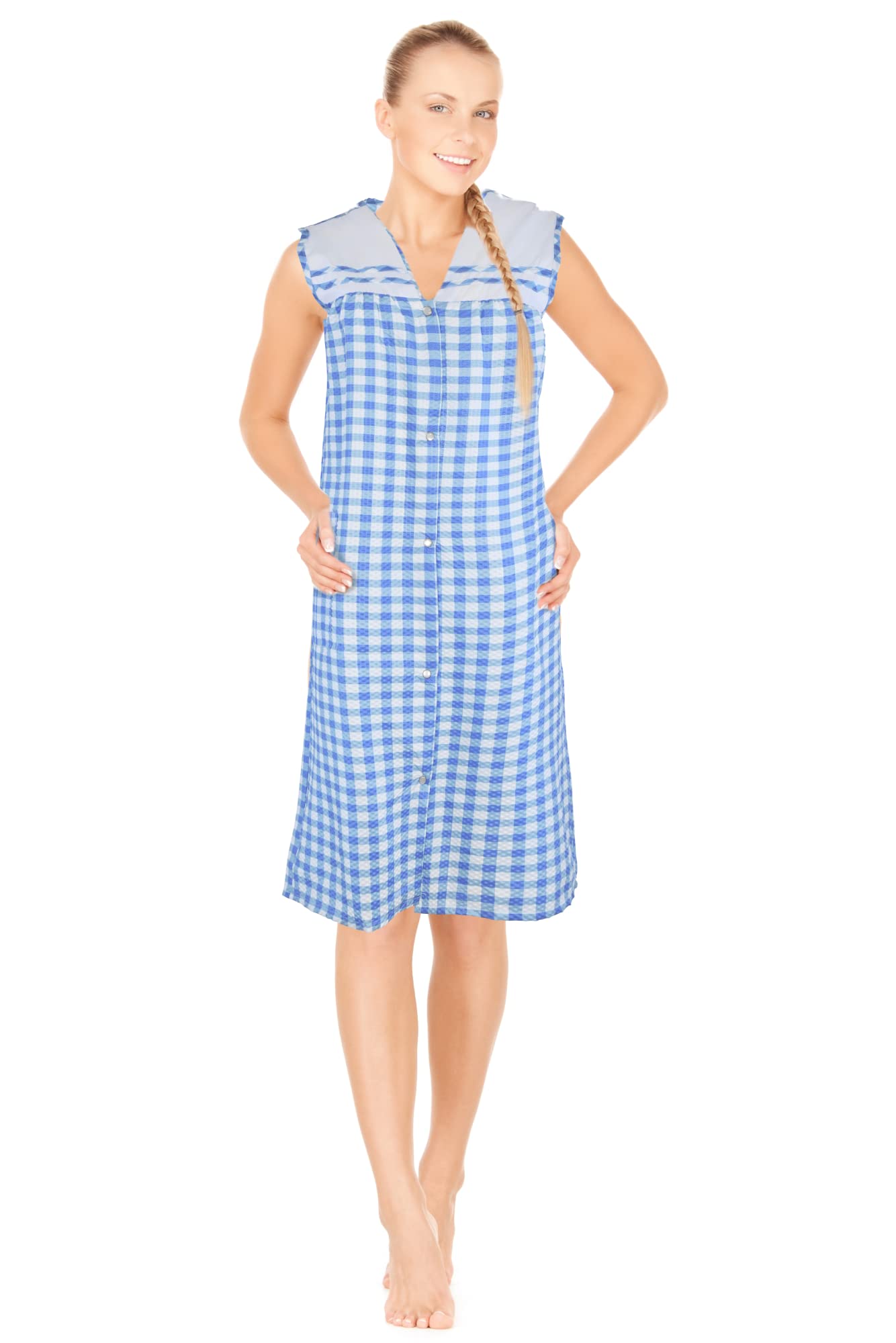 JEFFRICO House Dresses for Women with Pockets - Lightweight Breathable Sleeveless Muumuu & Nightgowns - Snap Front Housecoat and Dusters for Women