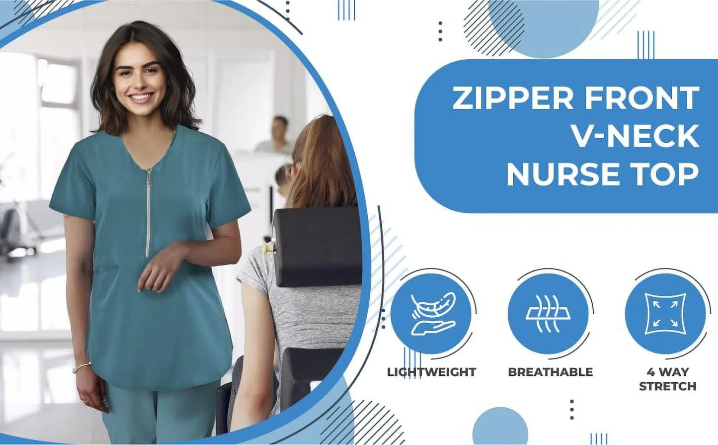 JEFFRICO Scrubs For Women Short Sleeve Zipper Front V-Neck Top 2 Pockets
