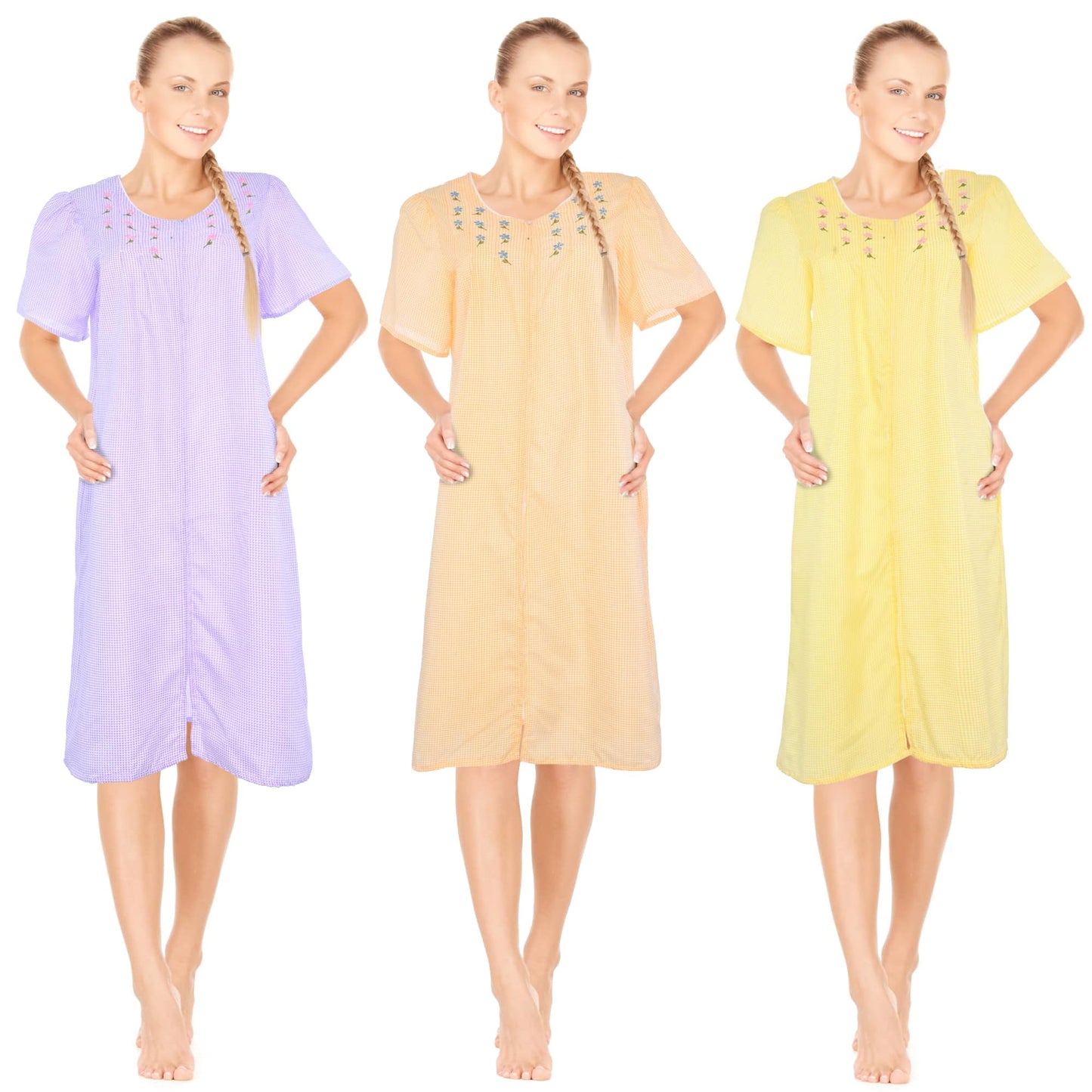 JEFFRICO 3 Pack House Dresses for Women with Pockets - Lightweight Breathable Short Sleeve Zipper Front Nightgowns - Dusters