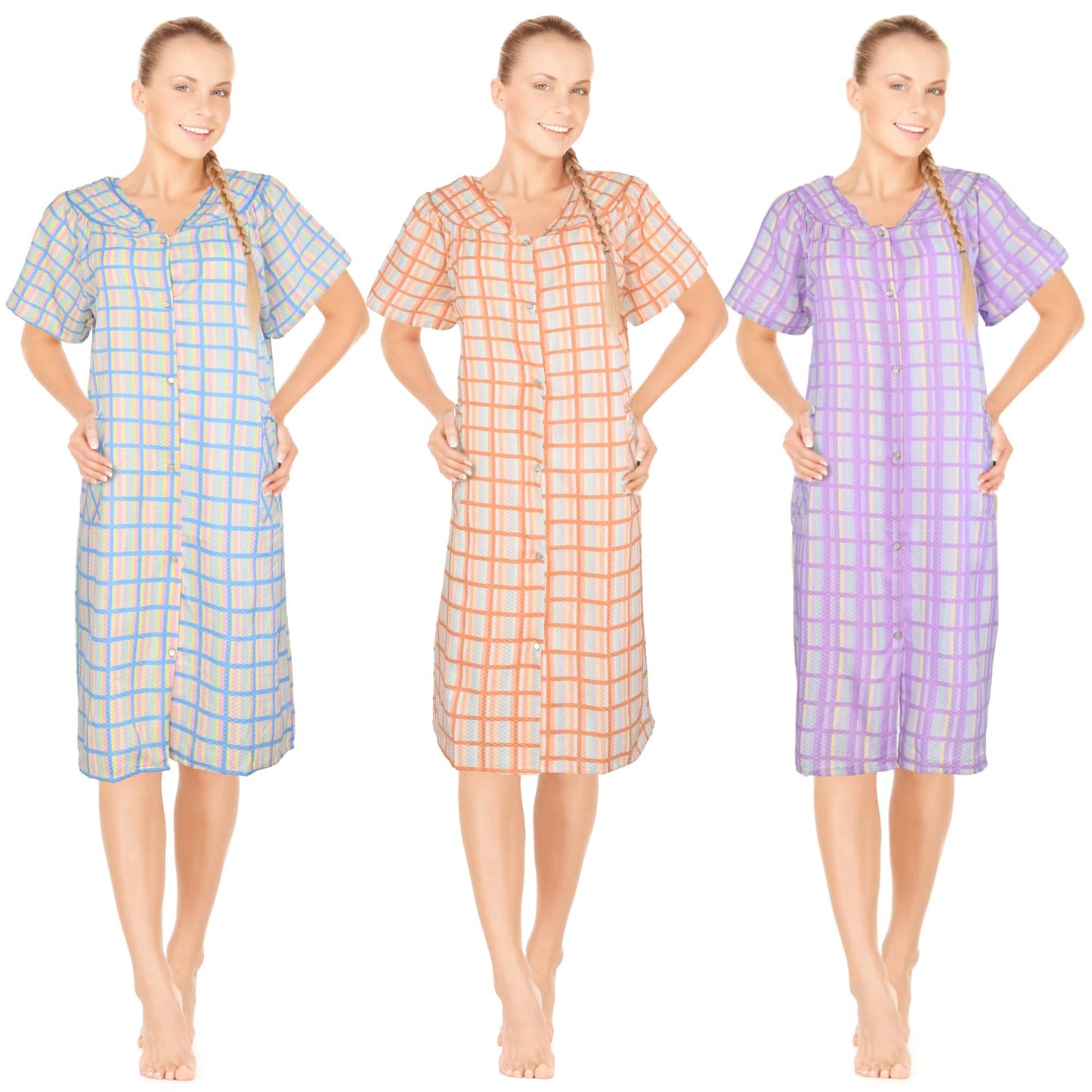 JEFFRICO 3 Pack House Dresses for Women with Pockets - Lightweight Breathable Short Sleeve Muumuu & Nightgowns - Dusters
