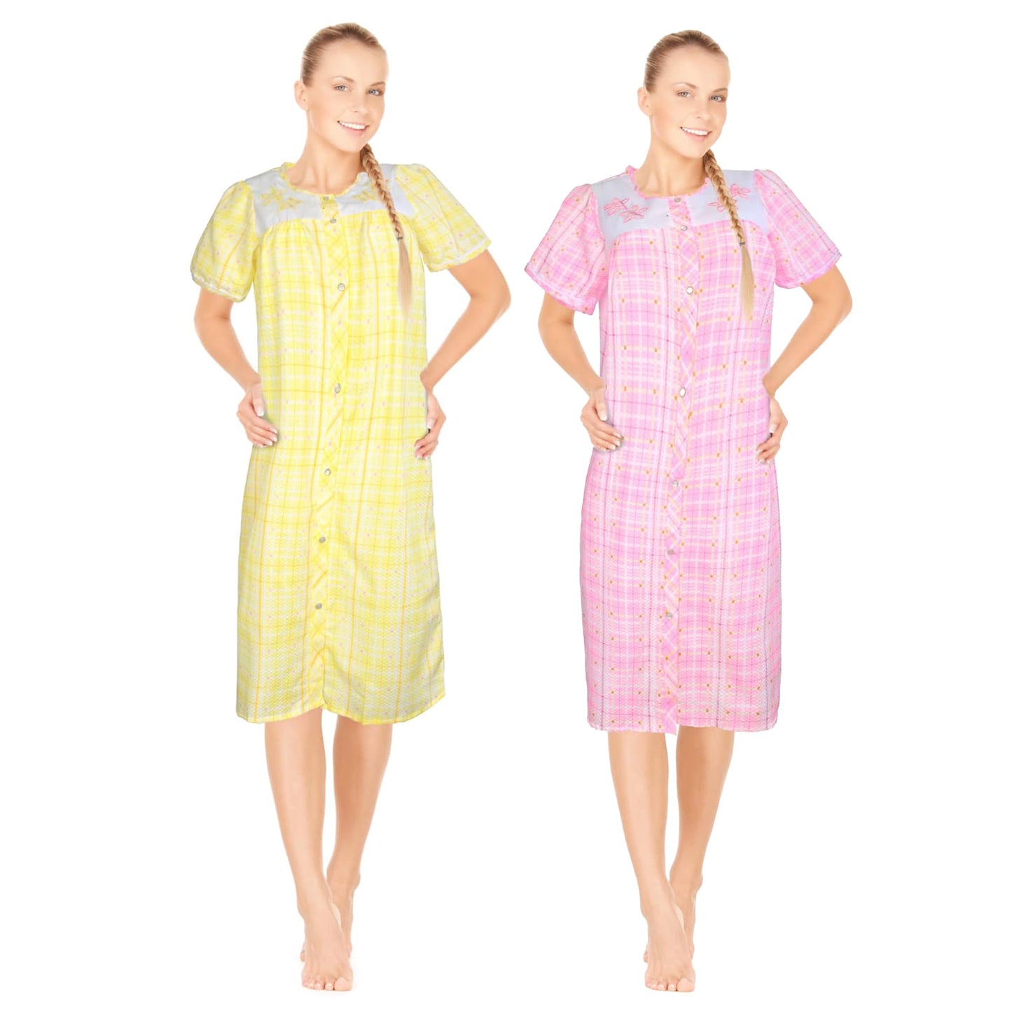 JEFFRICO 2 Pack House Dresses for Women with Pockets - Lightweight Breathable Short Sleeve Muumuu & Nightgowns - Women's Dusters