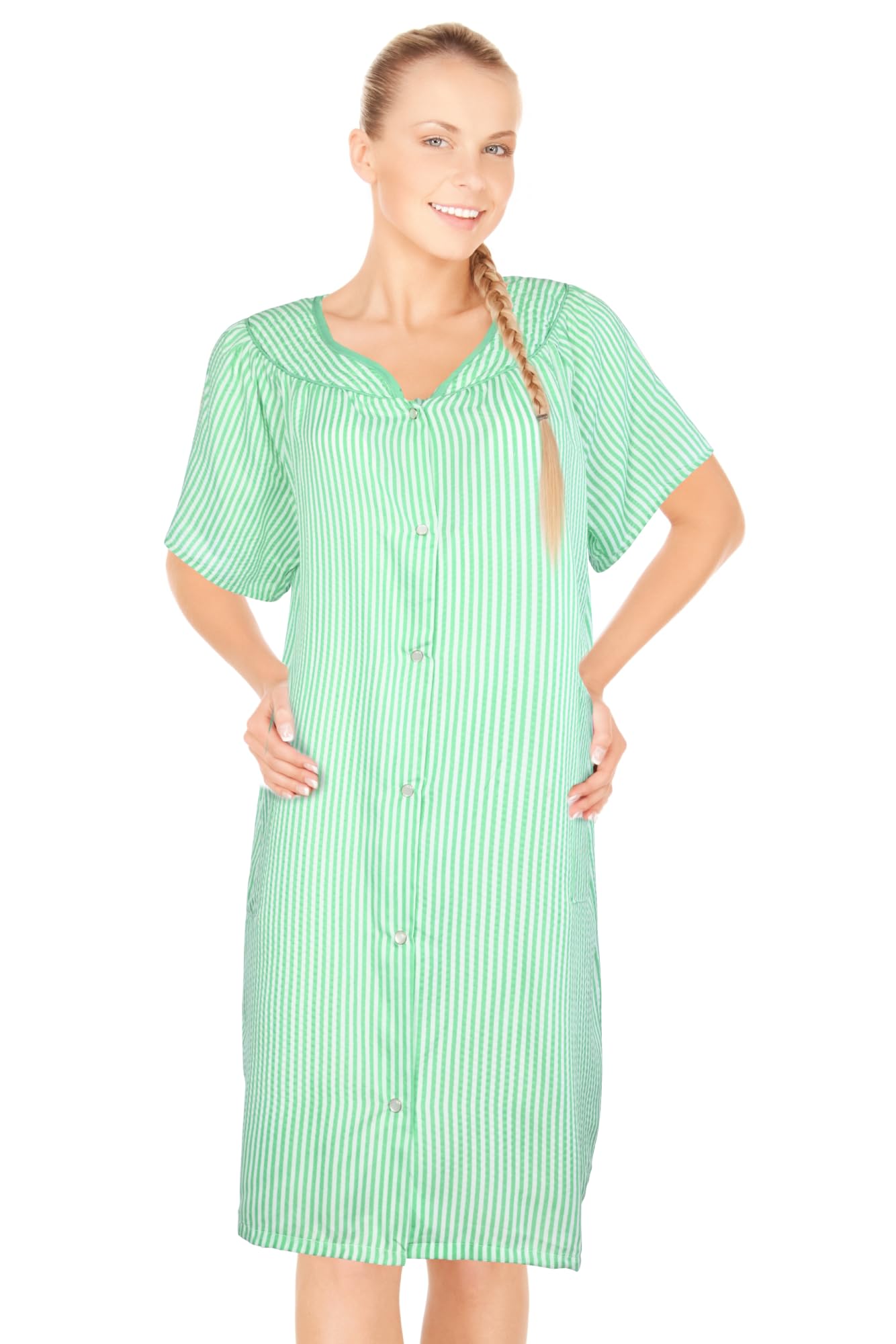 JEFFRICO House Dresses for Women with Pockets - Lightweight Breathable Short Sleeve Muumuu & Nightgowns - Snap Front Housecoat and Dusters for Women