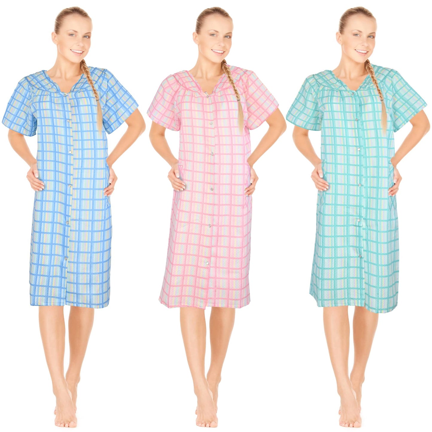 JEFFRICO 3 Pack House Dresses for Women with Pockets - Lightweight Breathable Short Sleeve Muumuu & Nightgowns - Dusters