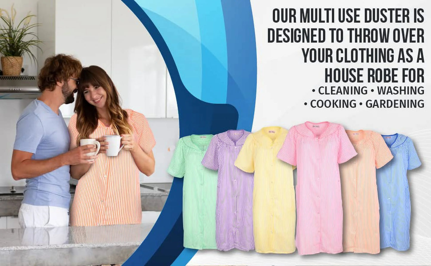 JEFFRICO House Dresses for Women with Pockets - Lightweight Breathable Short Sleeve Muumuu & Nightgowns - Snap Front Housecoat and Dusters for Women