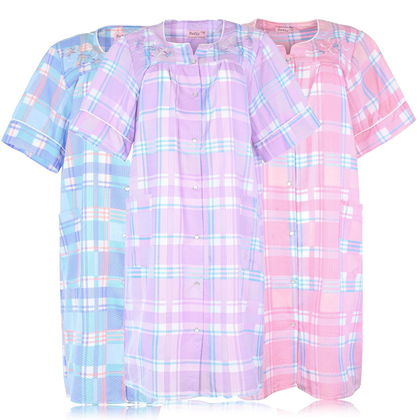 JEFFRICO 3 Pack House Dresses for Women with Pockets - Lightweight Breathable Short Sleeve Muumuu & Nightgowns - Dusters