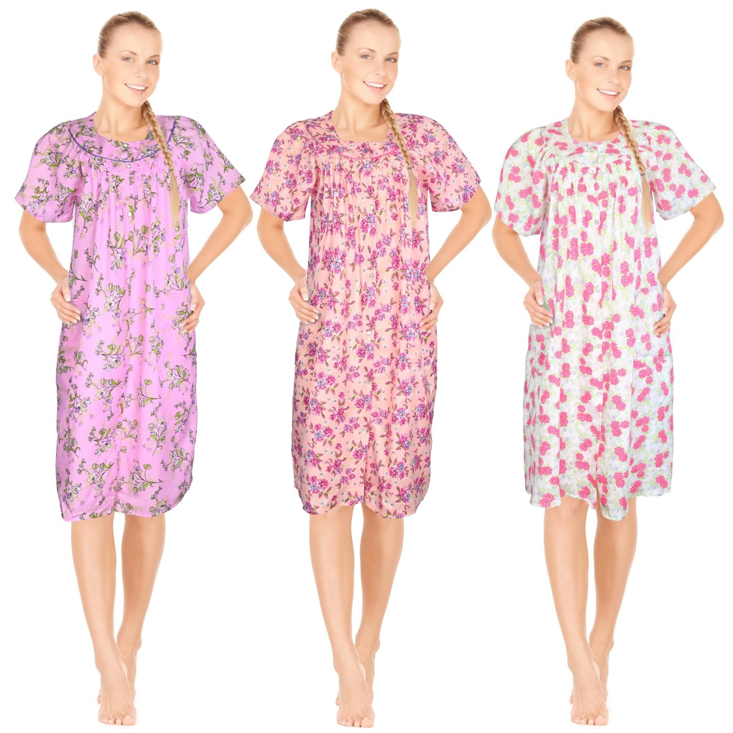 JEFFRICO 3 Pack House Dresses for Women with Pockets - Lightweight Breathable Short Sleeve Muumuu & Nightgowns - Dusters
