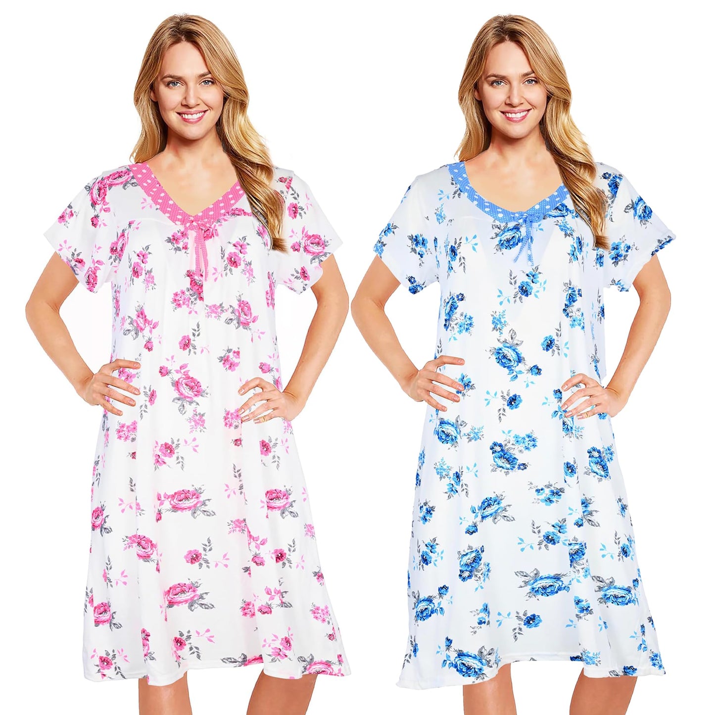 JEFFRICO Womens 2 Pack Nightgowns Short Sleeve Sleepwear Soft Pajama Dress Nightshirts