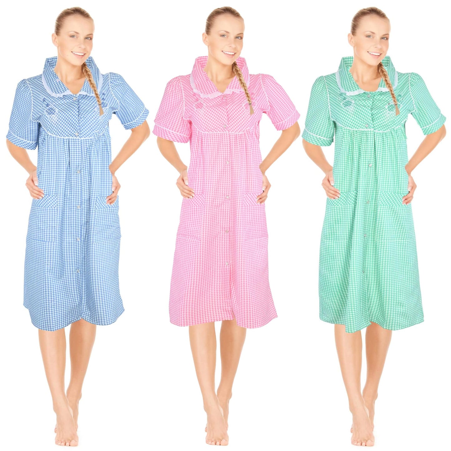 JEFFRICO 3 Pack House Dresses for Women with Pockets - Lightweight Breathable Short Sleeve Muumuu & Nightgowns - Dusters