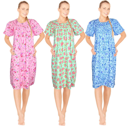 JEFFRICO 3 Pack House Dresses for Women with Pockets - Lightweight Breathable Short Sleeve Muumuu & Nightgowns - Dusters