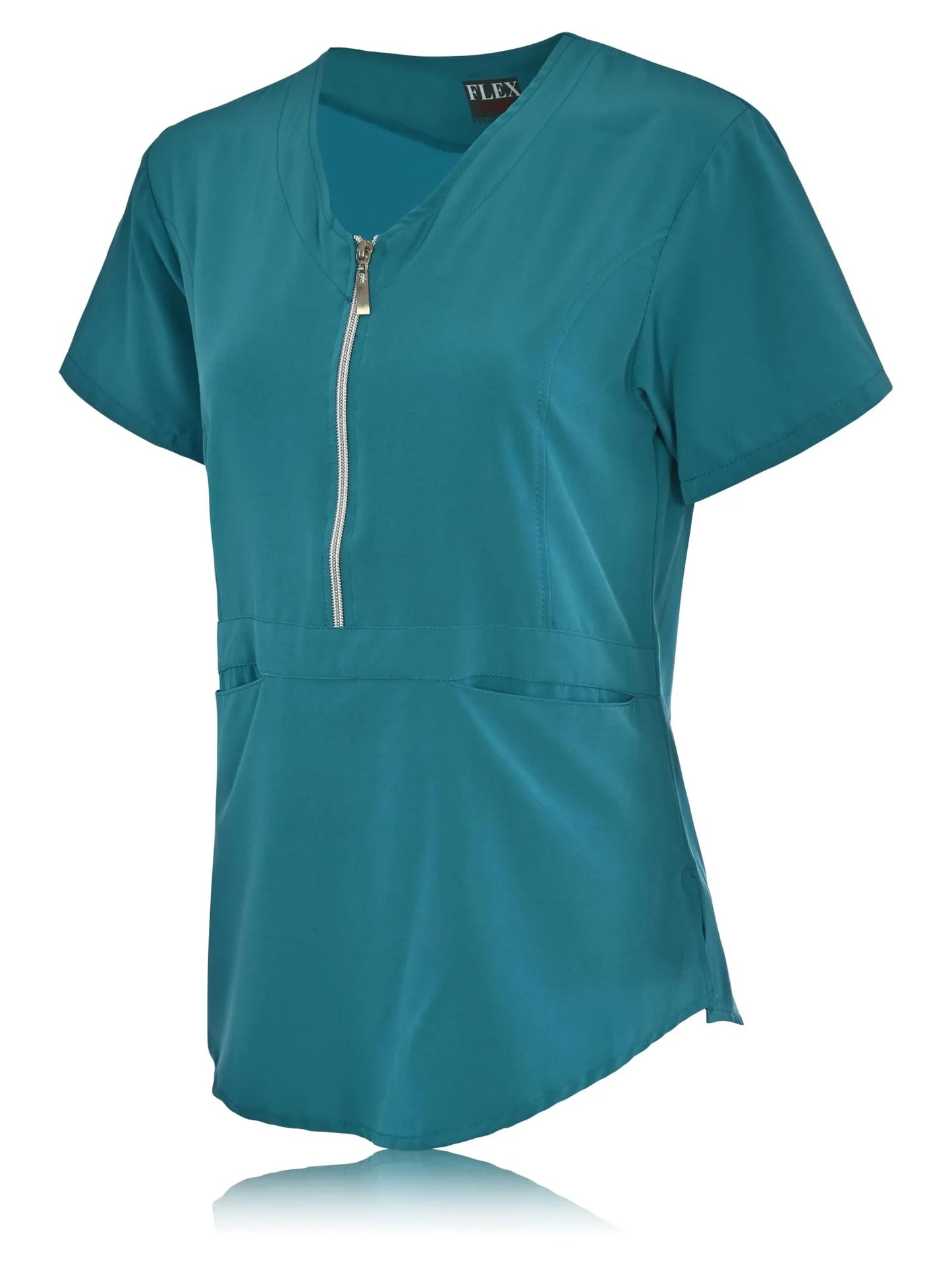 JEFFRICO Scrubs For Women Short Sleeve Zipper Front V-Neck Top 2 Pockets