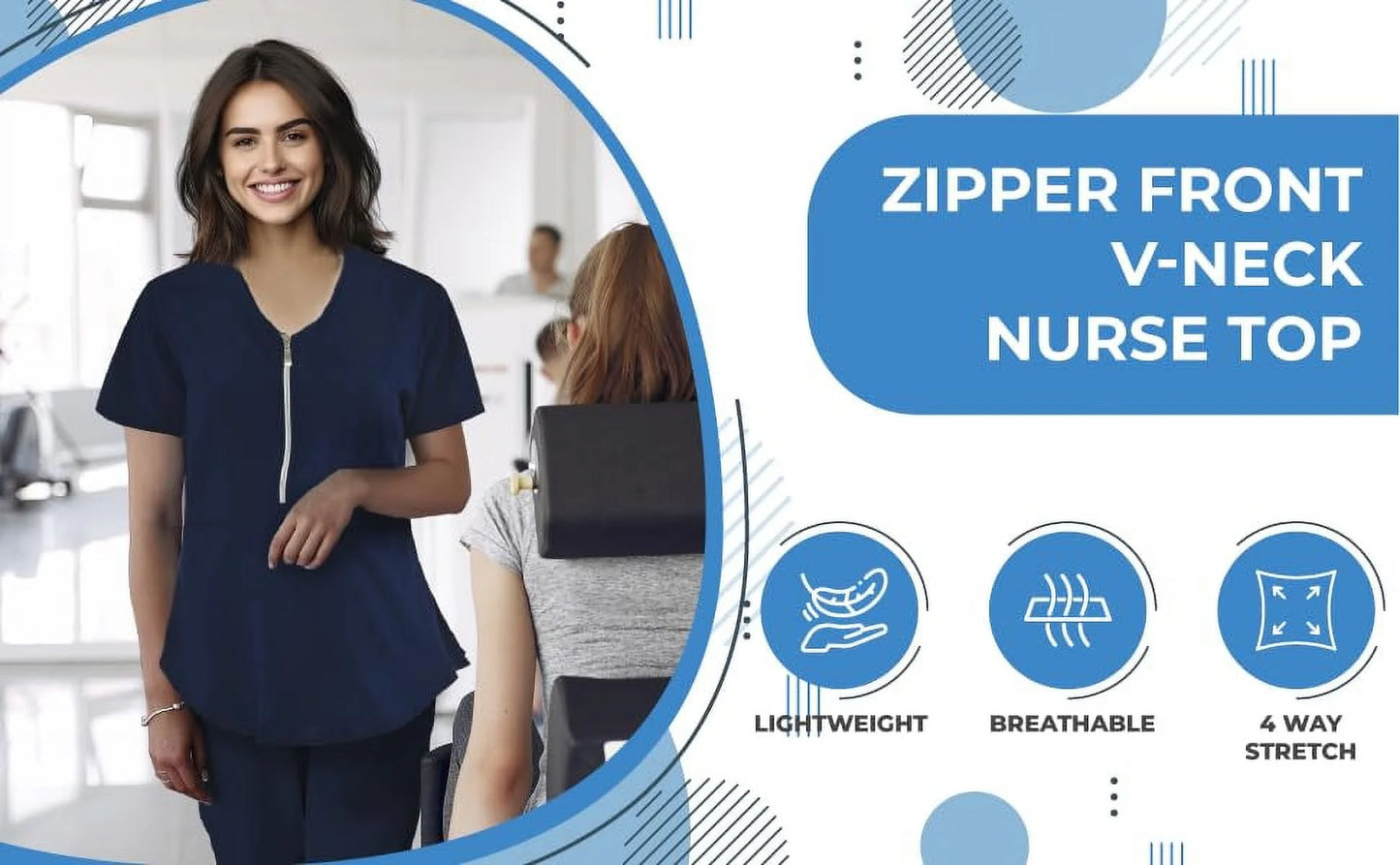 JEFFRICO Scrubs For Women Short Sleeve Zipper Front V-Neck Top 2 Pockets
