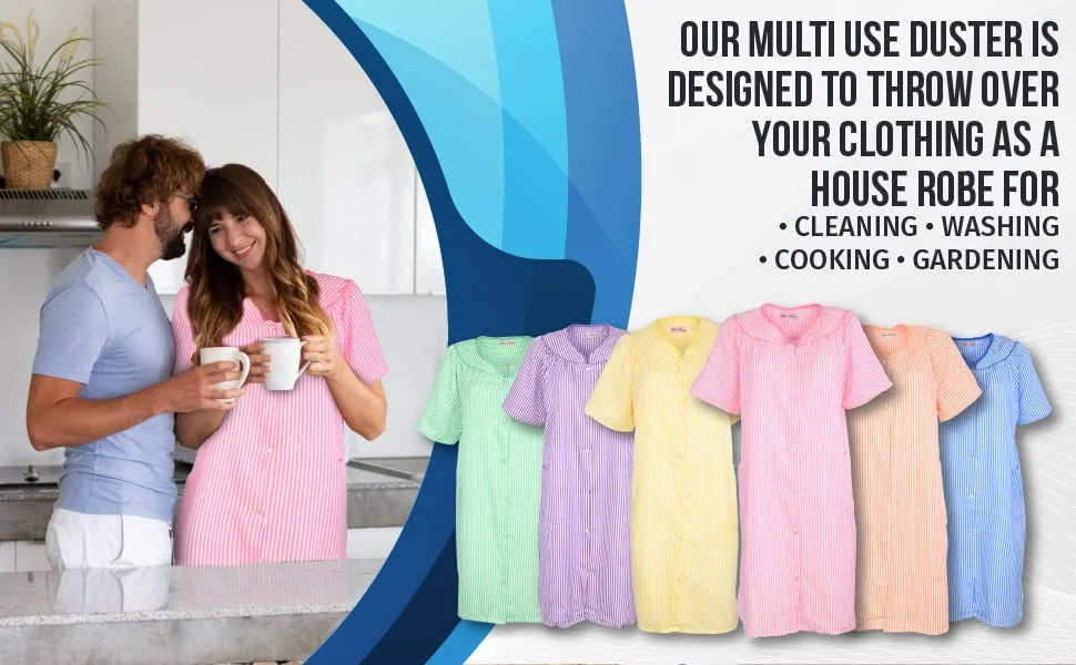JEFFRICO House Dresses for Women with Pockets - Lightweight Breathable Short Sleeve Muumuu & Nightgowns - Snap Front Housecoat and Dusters for Women