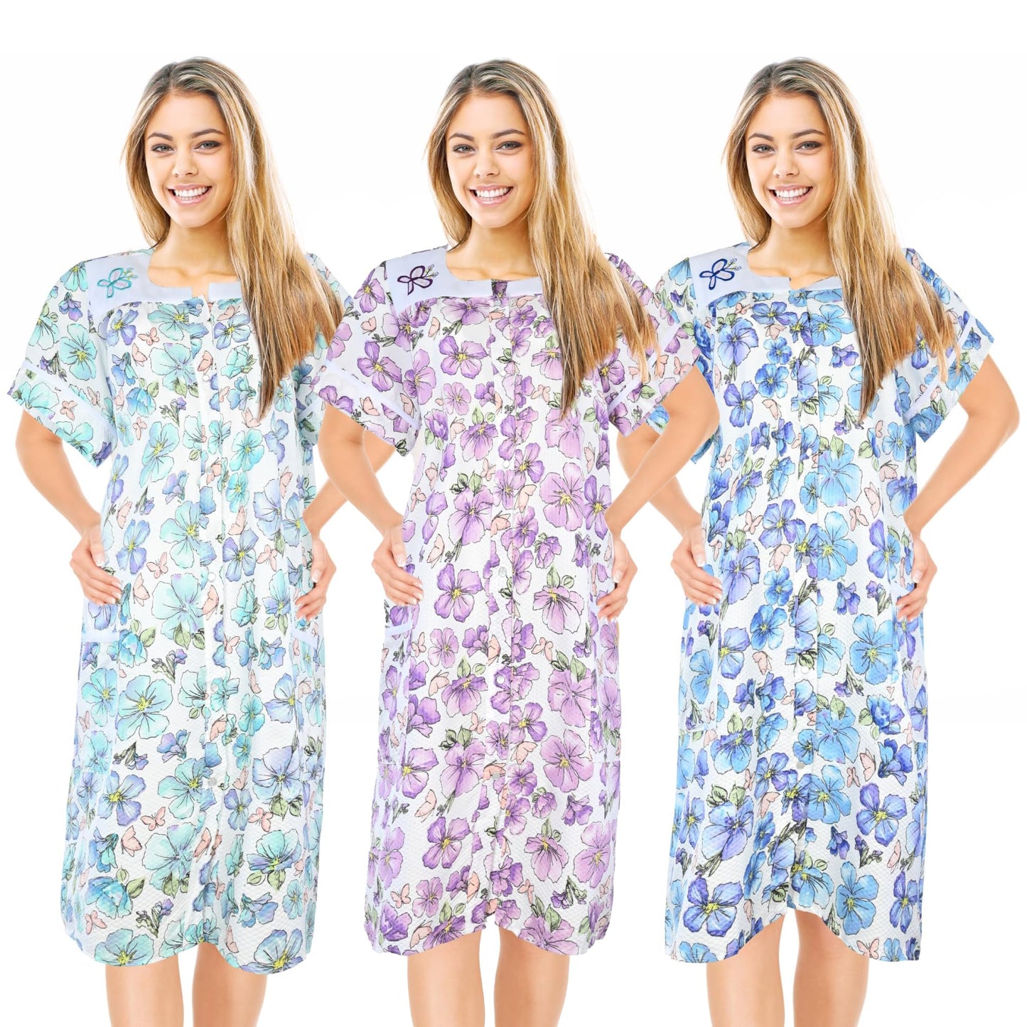 JEFFRICO 3 Pack House Dresses for Women with Pockets - Lightweight Breathable Short Sleeve Muumuu & Nightgowns - Dusters