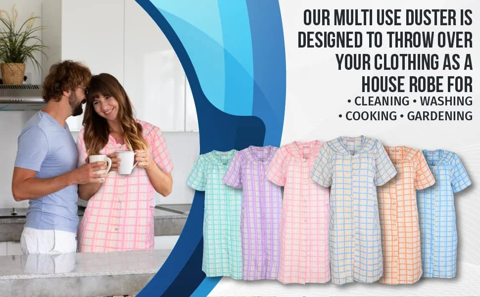 JEFFRICO House Dresses for Women with Pockets - Lightweight Breathable Short Sleeve Muumuu & Nightgowns - Snap Front Housecoat and Dusters for Women