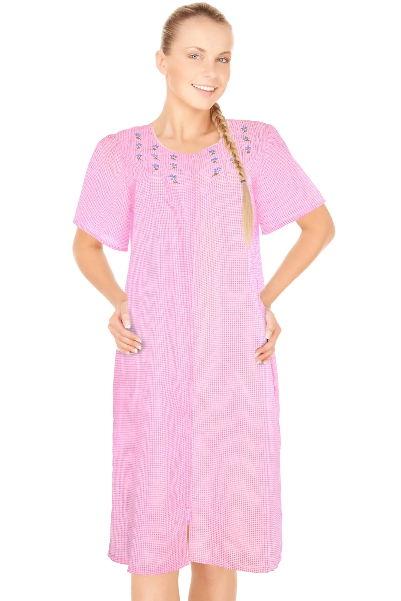 JEFFRICO House Dresses for Women with Pockets - Lightweight Breathable Short Sleeve Muumuu & Nightgowns - Zipper Front Housecoat and Dusters for Women