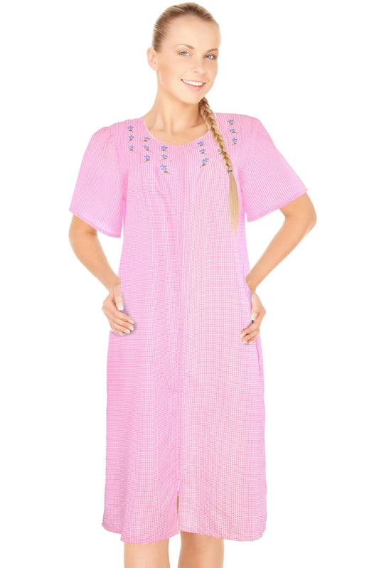 JEFFRICO House Dresses for Women with Pockets - Lightweight Breathable Short Sleeve Muumuu & Nightgowns - Zipper Front Housecoat and Dusters for Women