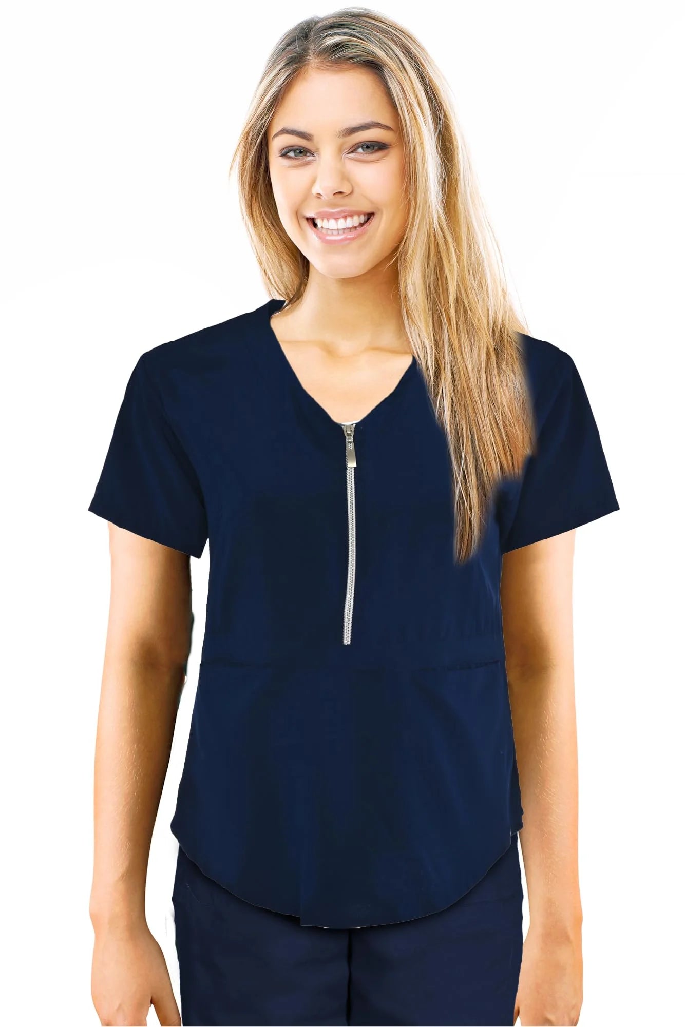JEFFRICO Scrubs For Women Short Sleeve Zipper Front V-Neck Top 2 Pockets
