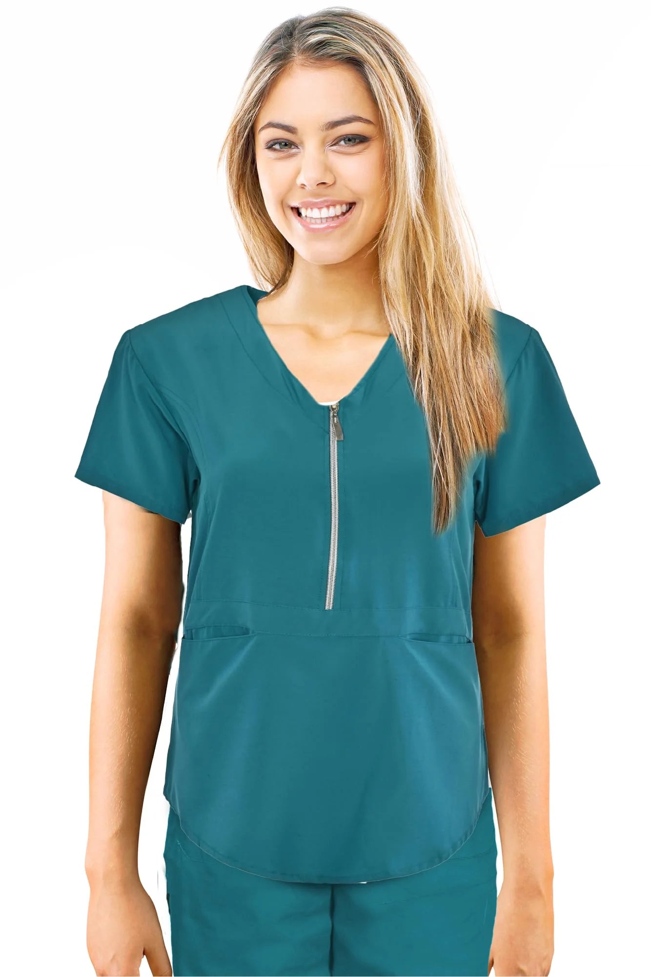 JEFFRICO Scrubs For Women Short Sleeve Zipper Front V-Neck Top 2 Pockets