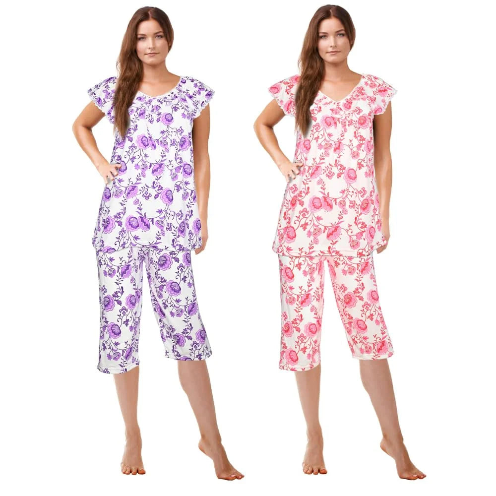 JEFFRICO Pajamas For Women 2 Pack Capri Set Sleepwear Soft Pajamas Short Sleeve Pajamas Sleepshirt With Capri Pants