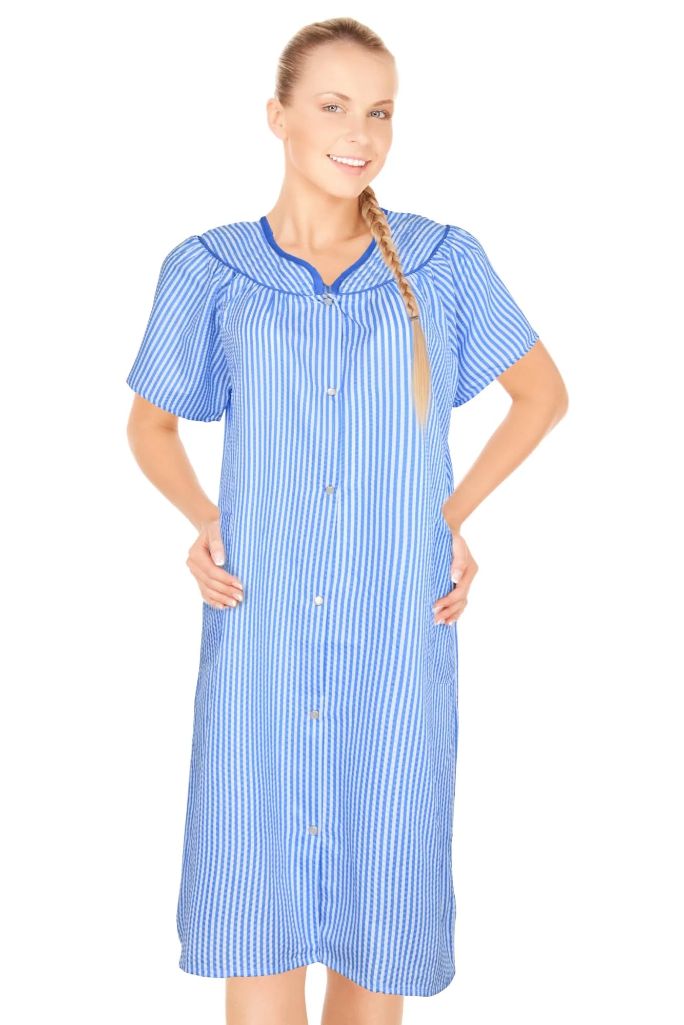 JEFFRICO House Dresses for Women with Pockets - Lightweight Breathable Short Sleeve Muumuu & Nightgowns - Snap Front Housecoat and Dusters for Women