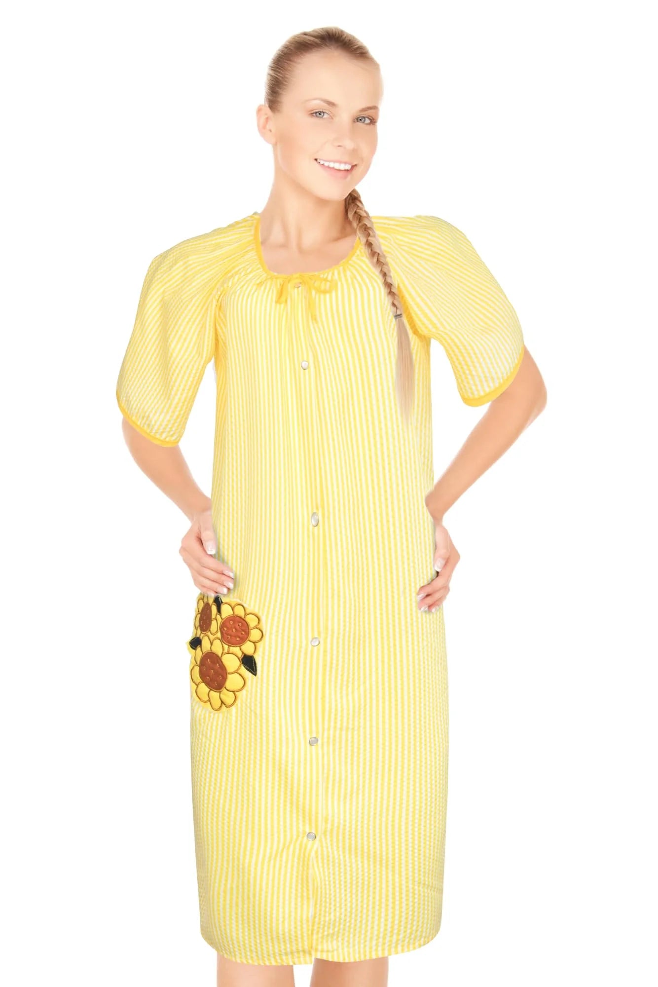JEFFRICO House Dresses for Women with Pockets - Lightweight Breathable Short Sleeve Muumuu & Nightgowns - Snap Front Housecoat and Dusters for Women