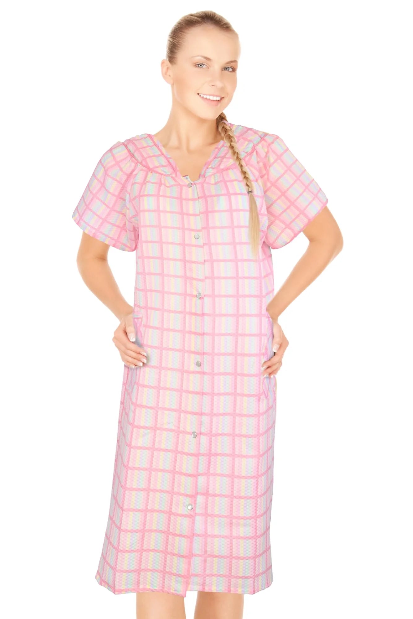 JEFFRICO House Dresses for Women with Pockets - Lightweight Breathable Short Sleeve Muumuu & Nightgowns - Snap Front Housecoat and Dusters for Women
