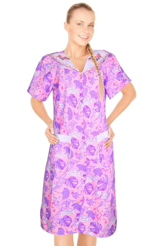 JEFFRICO House Dresses for Women with Pockets - Lightweight Breathable Short Sleeve Muumuu & Nightgowns - Snap Front Housecoat and Dusters for Women