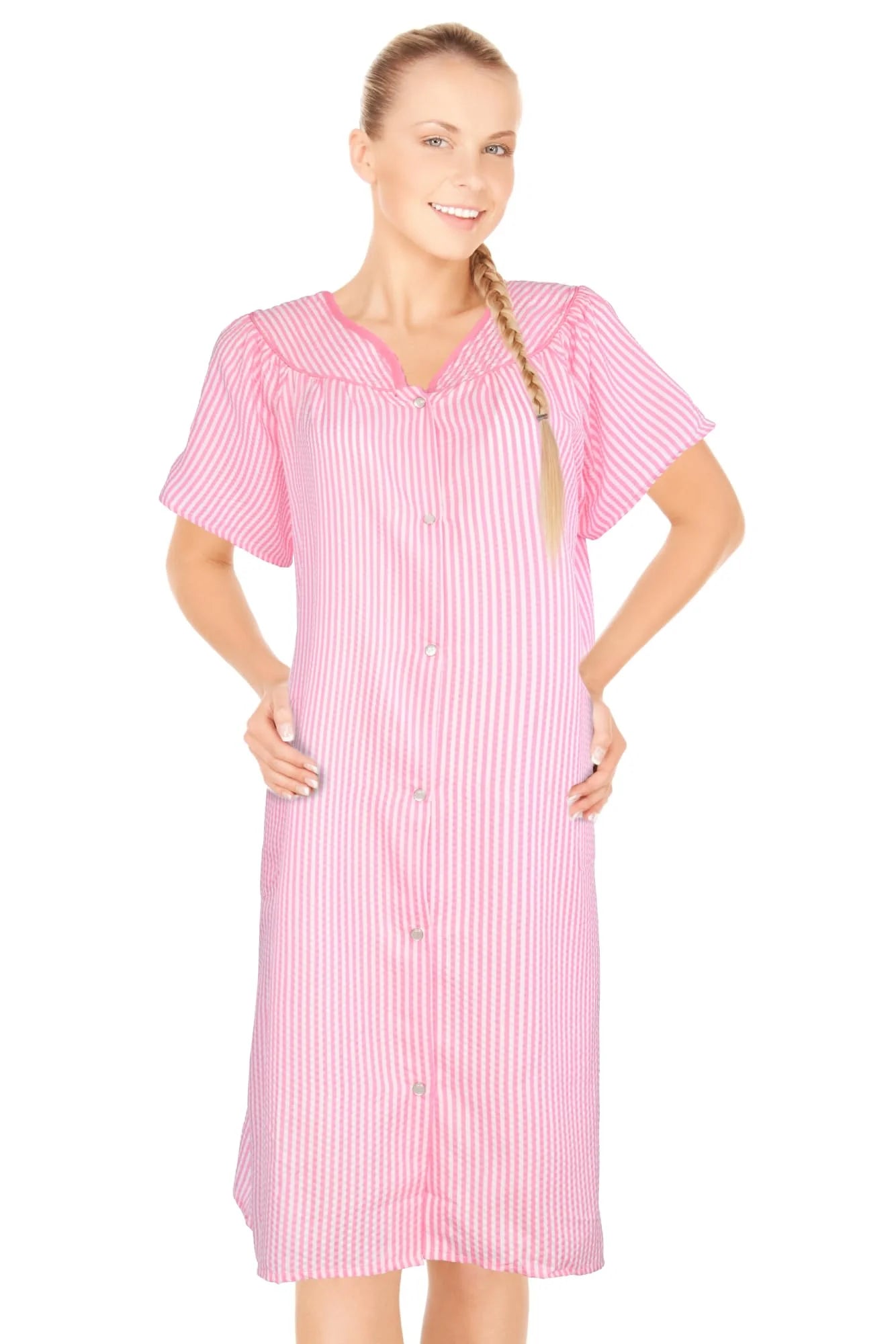 JEFFRICO House Dresses for Women with Pockets - Lightweight Breathable Short Sleeve Muumuu & Nightgowns - Snap Front Housecoat and Dusters for Women