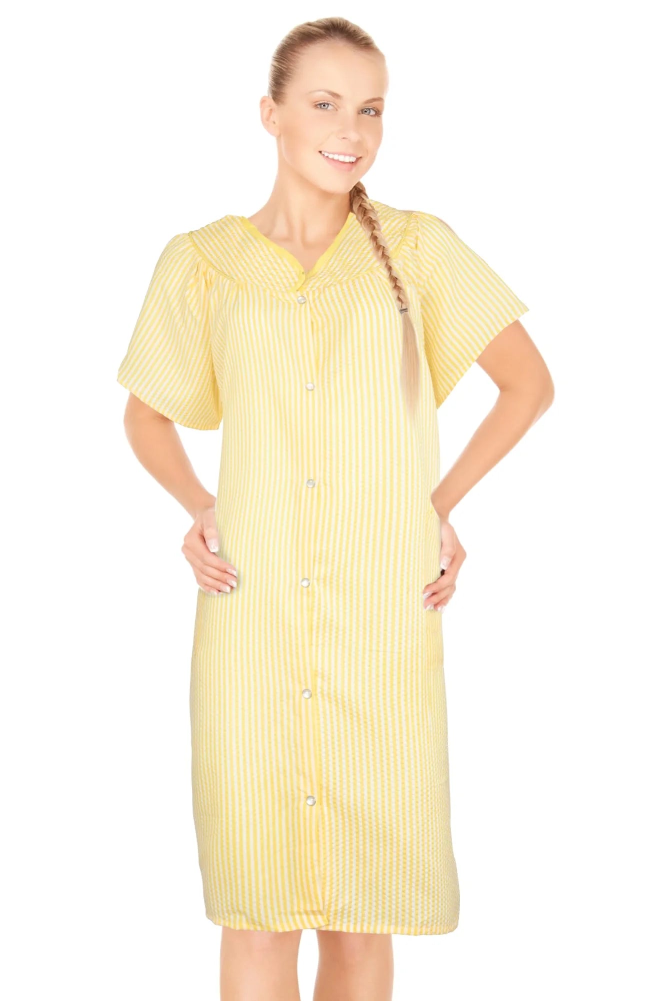 JEFFRICO House Dresses for Women with Pockets - Lightweight Breathable Short Sleeve Muumuu & Nightgowns - Snap Front Housecoat and Dusters for Women
