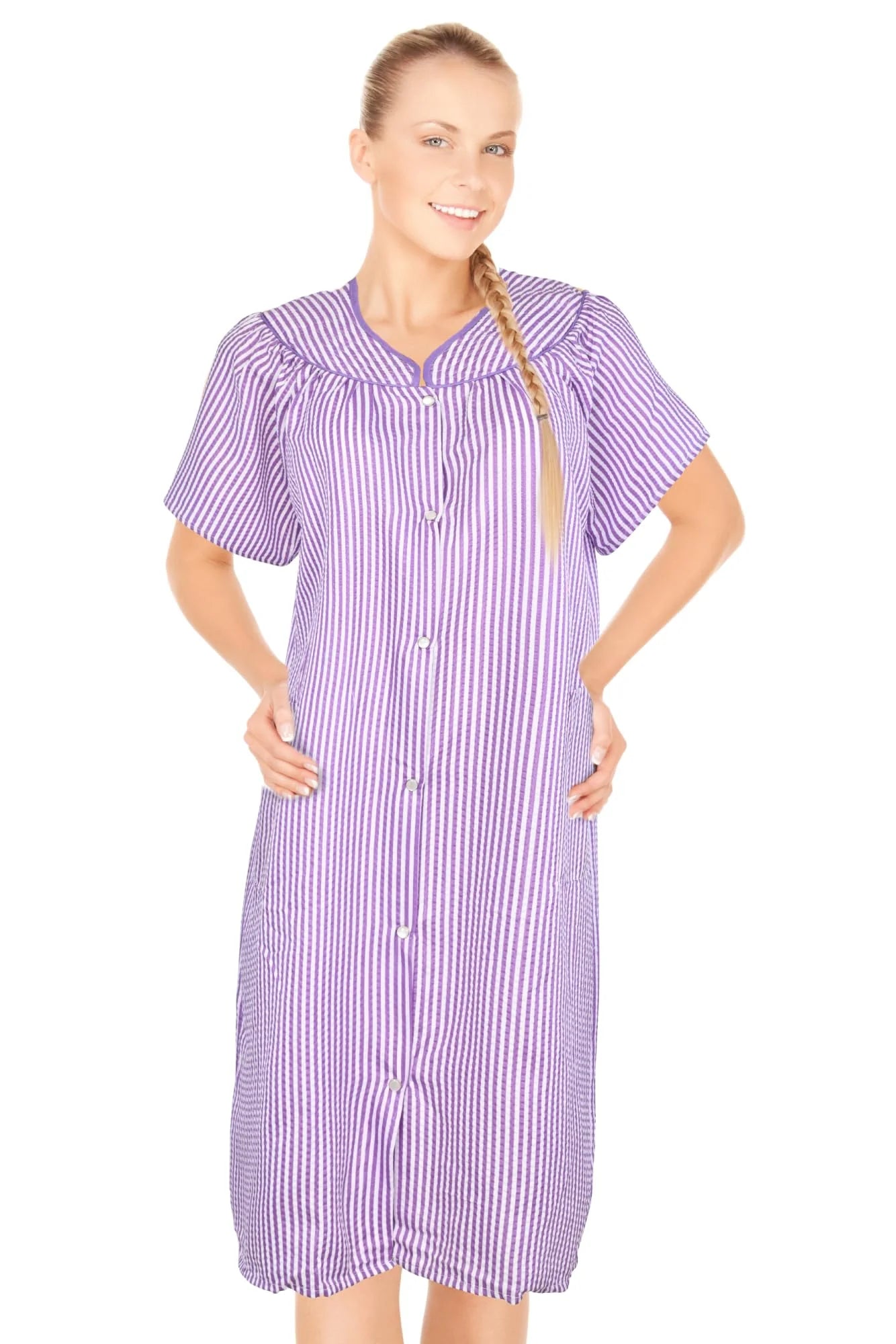 JEFFRICO House Dresses for Women with Pockets - Lightweight Breathable Short Sleeve Muumuu & Nightgowns - Snap Front Housecoat and Dusters for Women