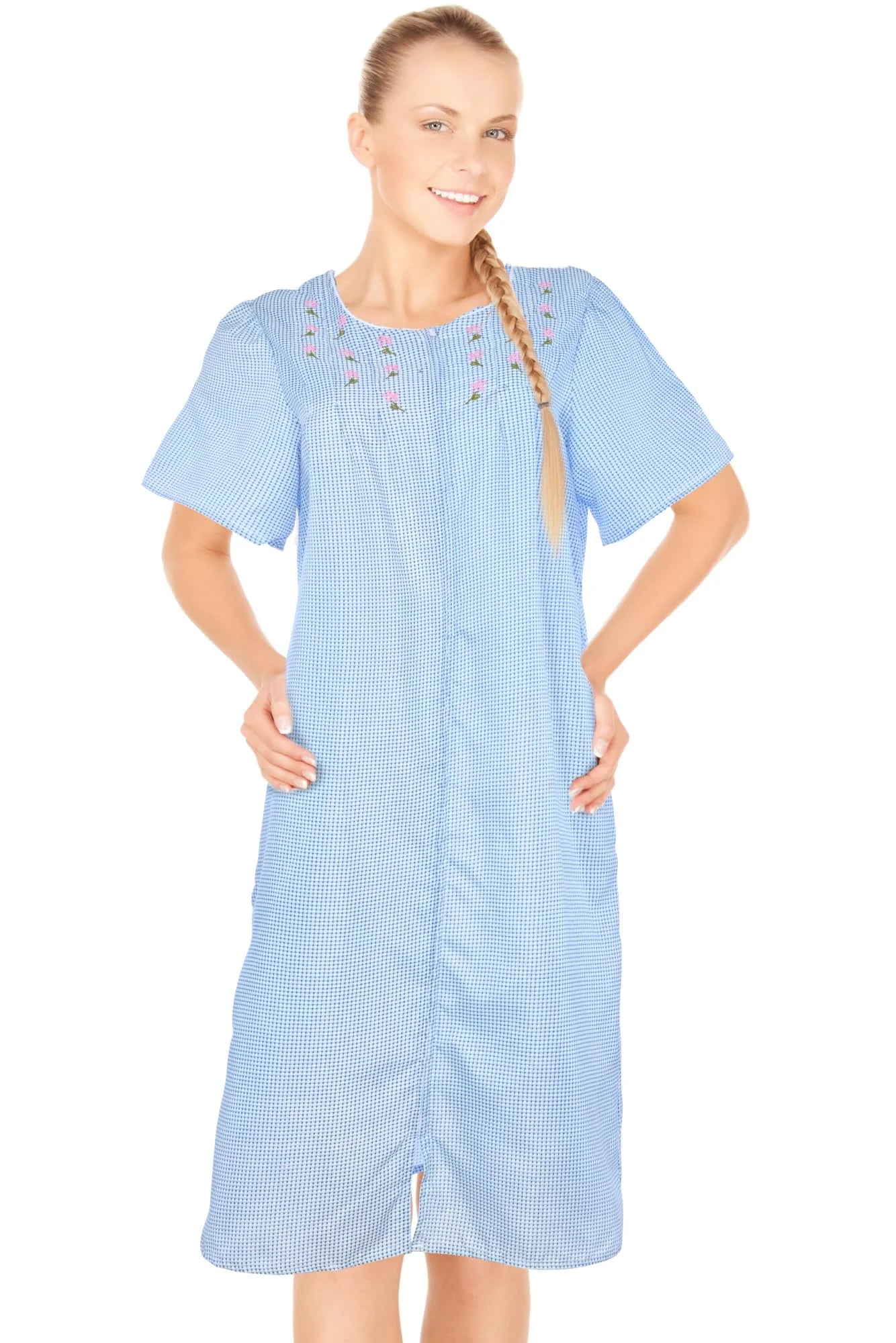 JEFFRICO House Dresses for Women with Pockets - Lightweight Breathable Short Sleeve Muumuu & Nightgowns - Zipper Front Housecoat and Dusters for Women