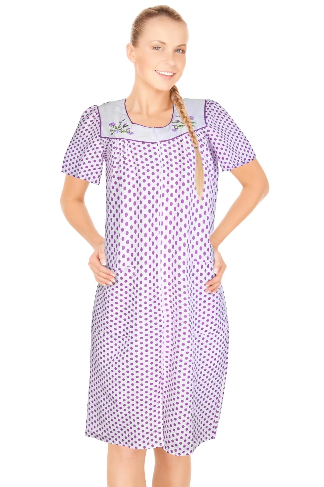 JEFFRICO House Dresses for Women with Pockets - Lightweight Breathable Short Sleeve Muumuu & Nightgowns - Zipper Front Housecoat and Dusters for Women