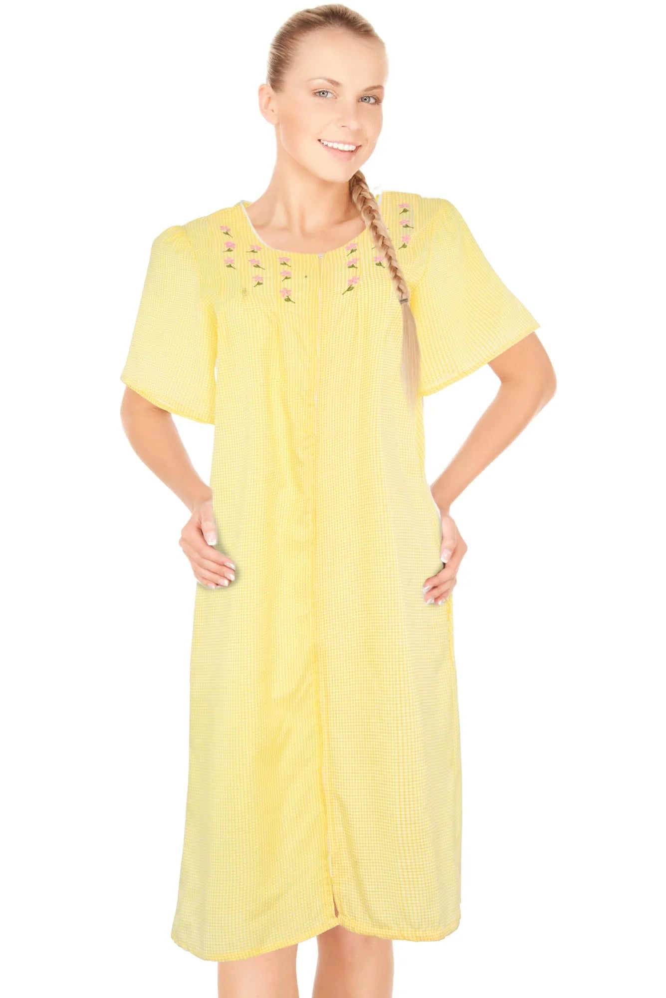 JEFFRICO House Dresses for Women with Pockets - Lightweight Breathable Short Sleeve Muumuu & Nightgowns - Zipper Front Housecoat and Dusters for Women