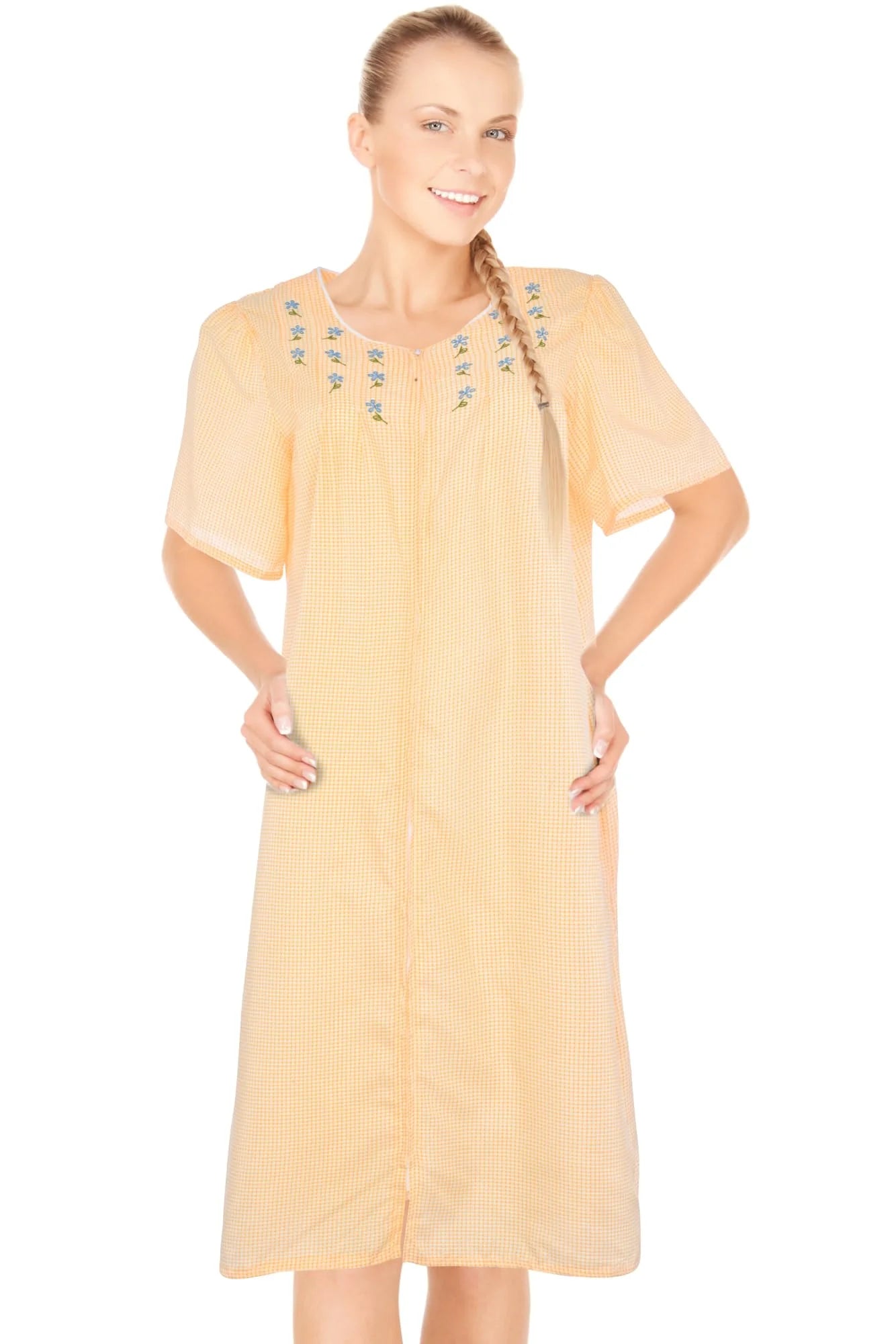 JEFFRICO House Dresses for Women with Pockets - Lightweight Breathable Short Sleeve Muumuu & Nightgowns - Zipper Front Housecoat and Dusters for Women