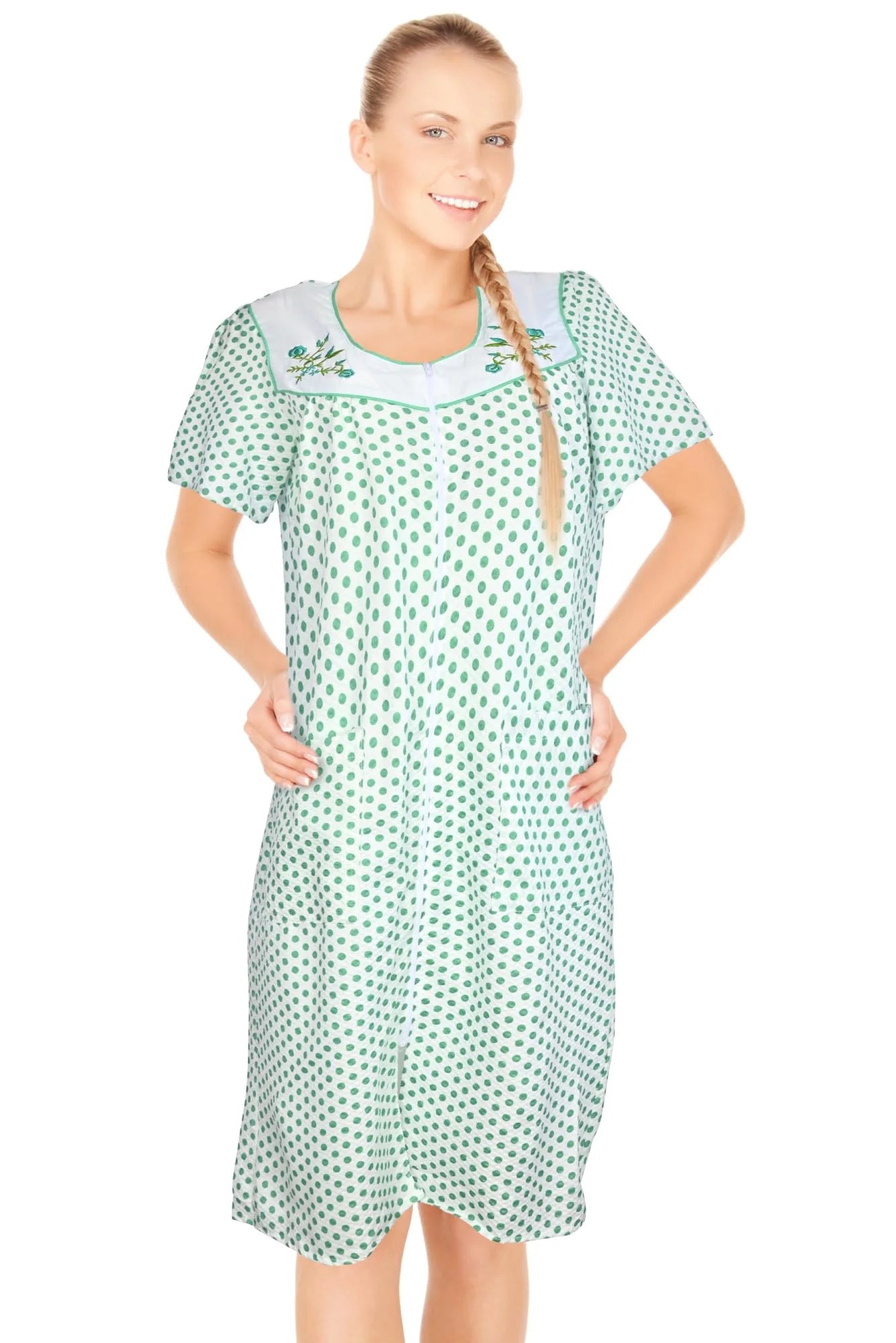 JEFFRICO House Dresses for Women with Pockets - Lightweight Breathable Short Sleeve Muumuu & Nightgowns - Zipper Front Housecoat and Dusters for Women