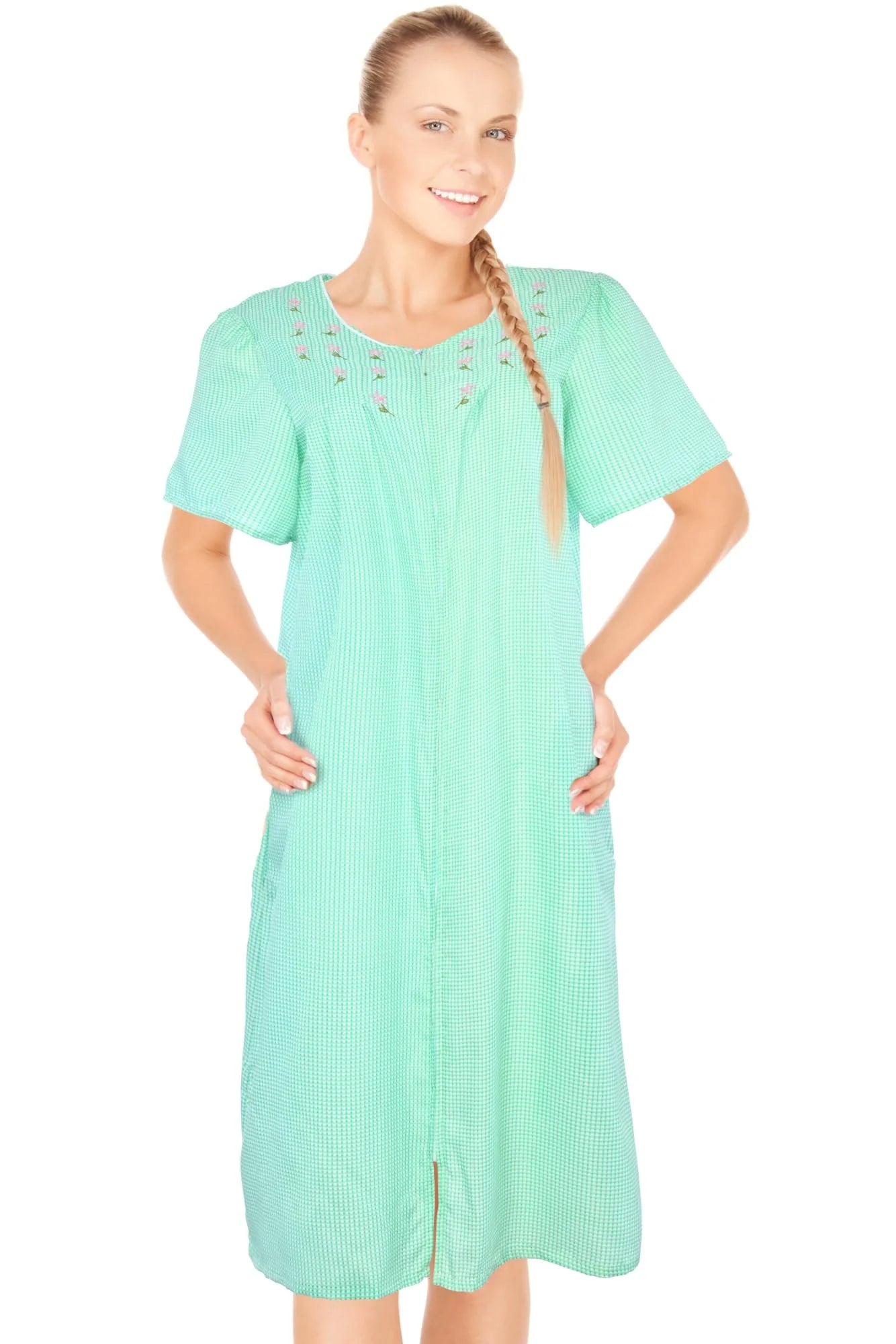 JEFFRICO House Dresses for Women with Pockets - Lightweight Breathable Short Sleeve Muumuu & Nightgowns - Zipper Front Housecoat and Dusters for Women